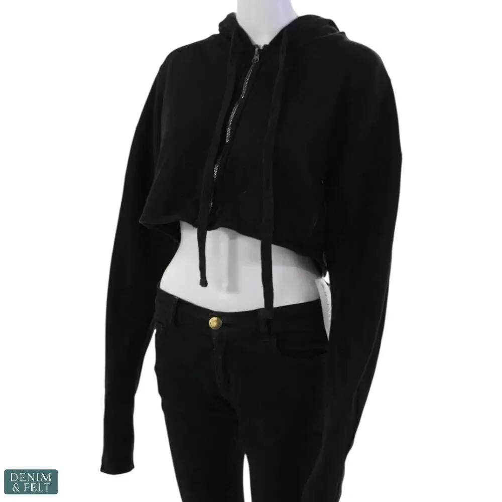Alo Yoga Cropped Gym Zip-Up Hoodie Black Womens XS Thumbholes Long Sleeve Jacket